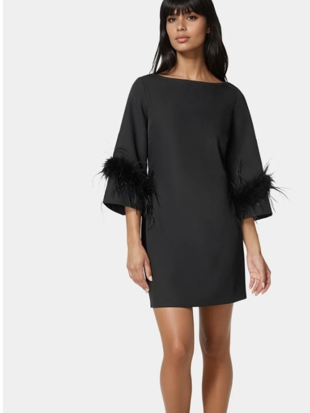 bebe Black Feather-Trim Mini Shift Dress
